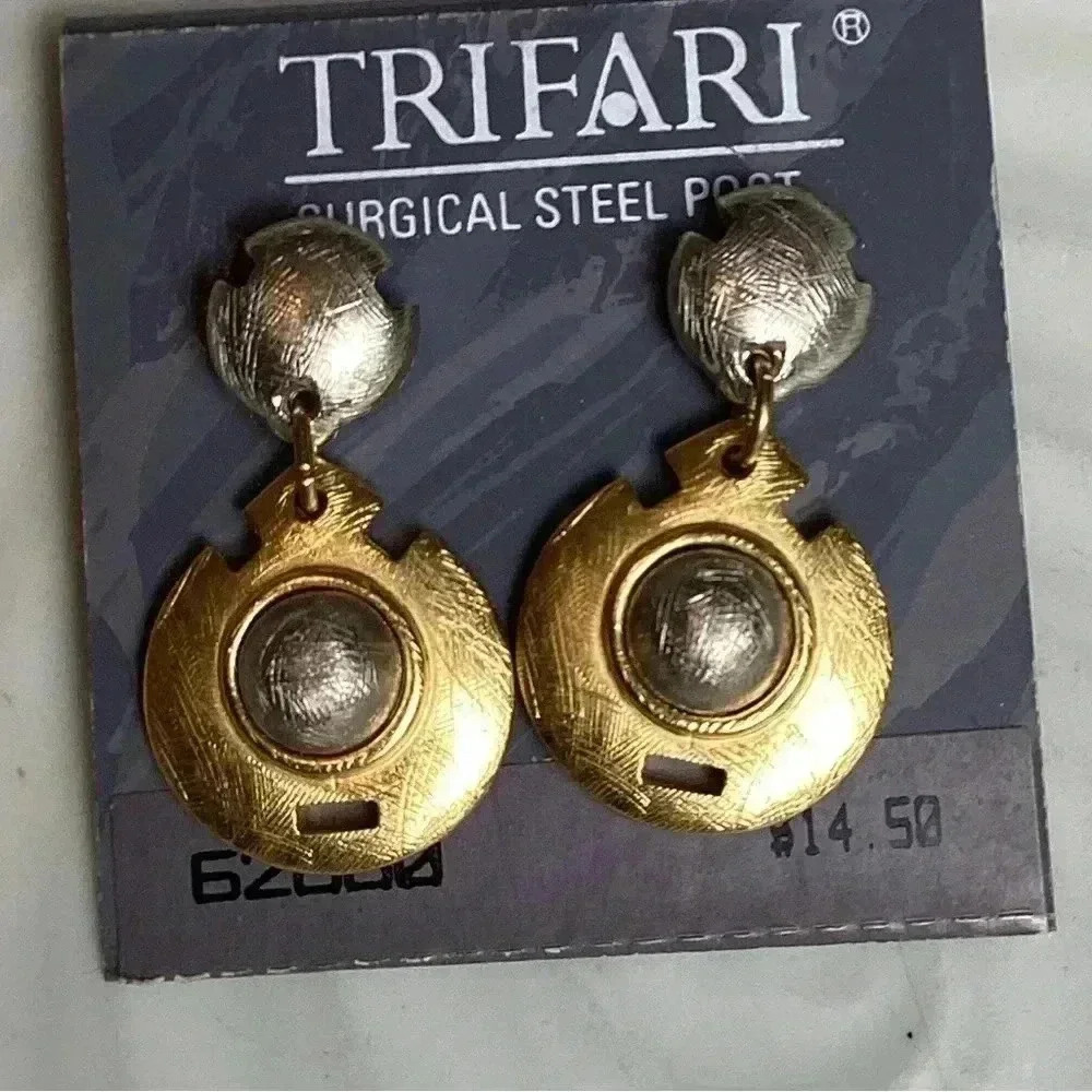 Trifari earrings silver and golden two tone earrings